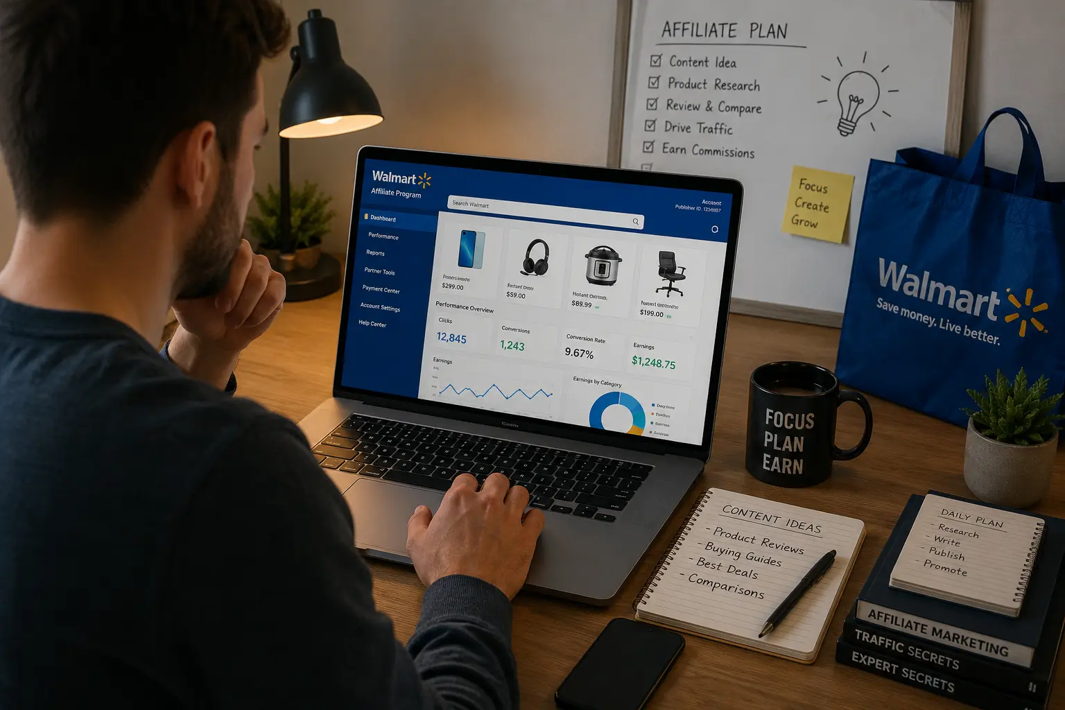 Affiliate marketer researching the Walmart affiliate program on a laptop with analytics and Walmart shopping products displayed on screen
