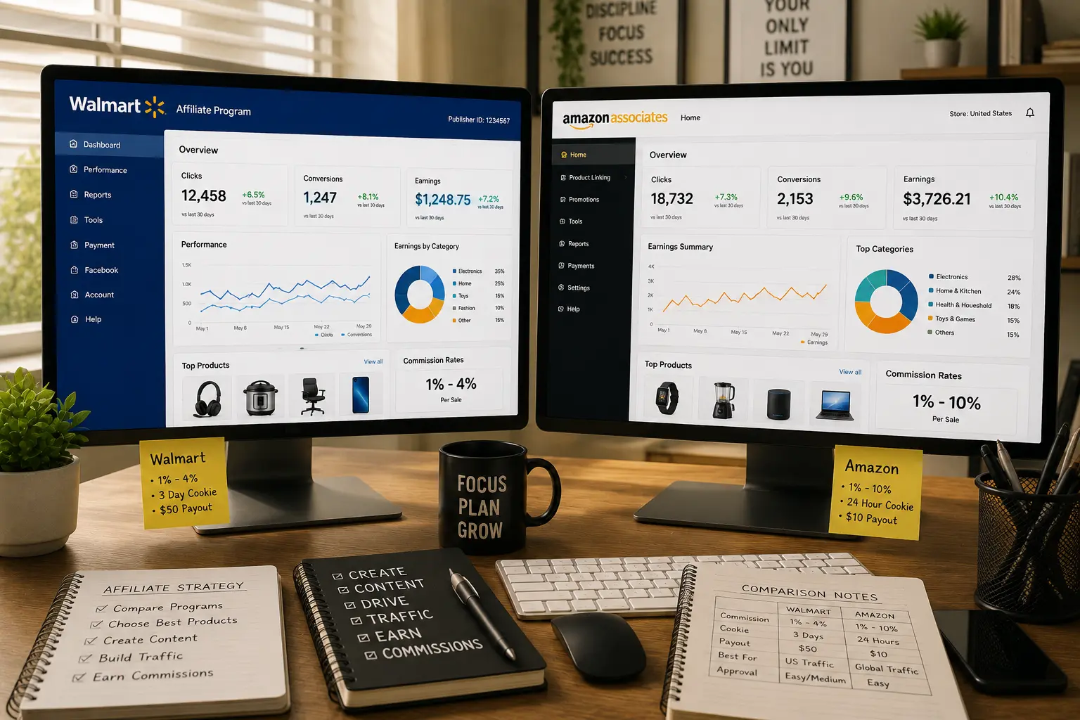 Comparison between Walmart Affiliate Program and Amazon Associates displayed on dual screens in an affiliate marketing workspace