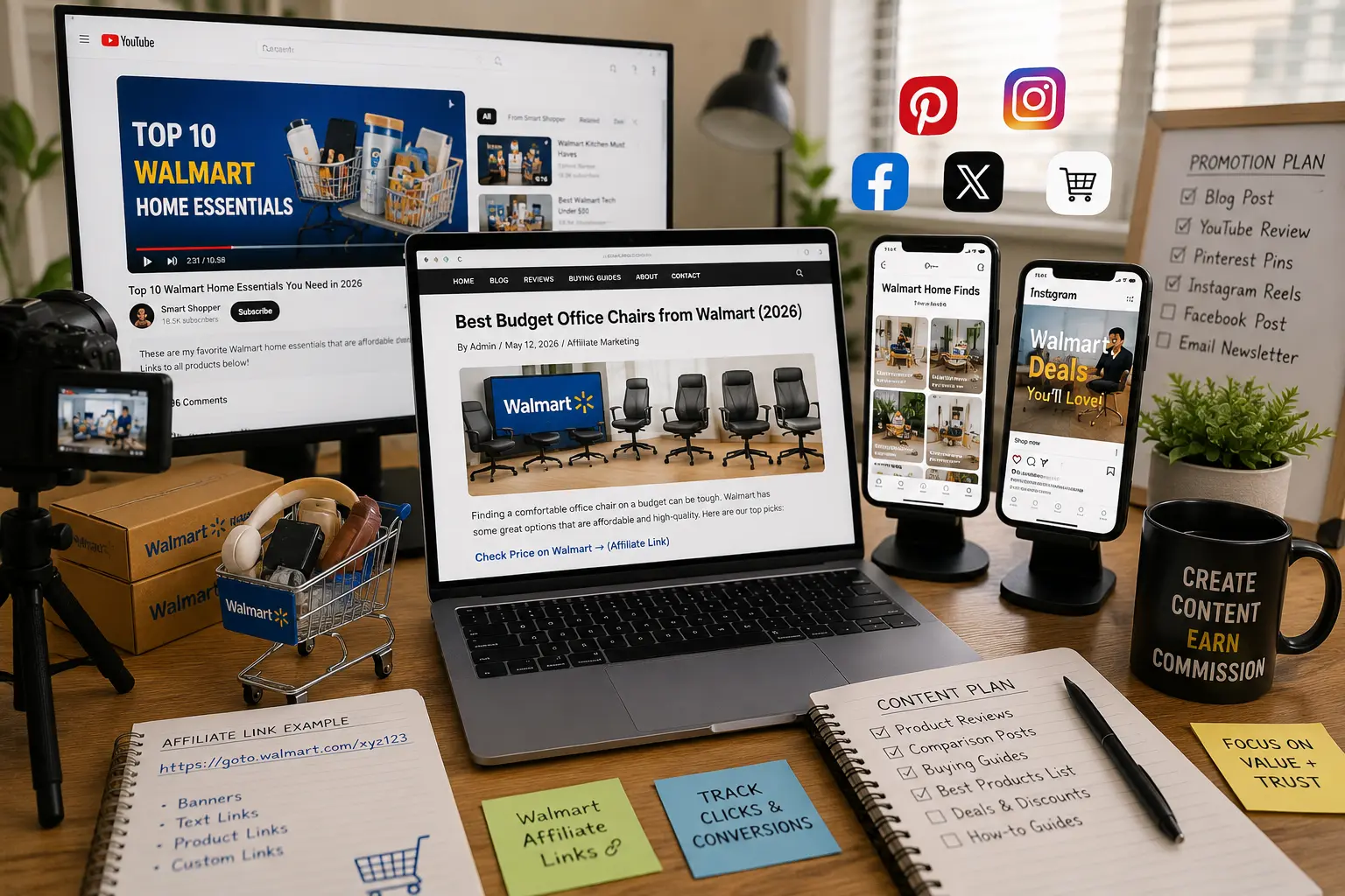 Different methods of promoting Walmart affiliate products including blogs, Pinterest, YouTube, and social media marketing