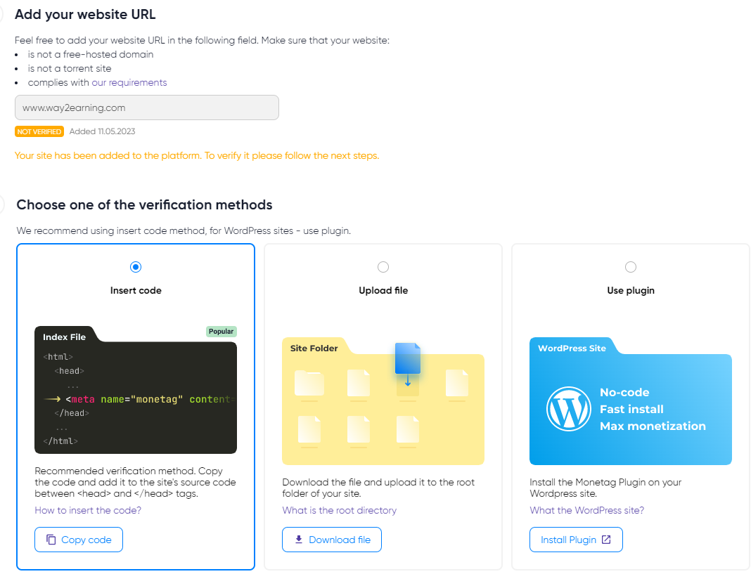 Add website Monetag