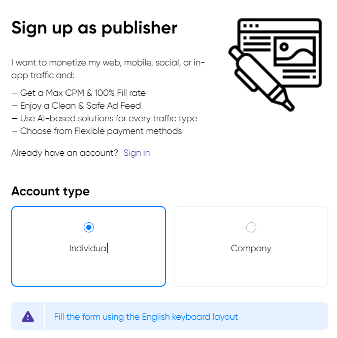 Monetag publisher signup