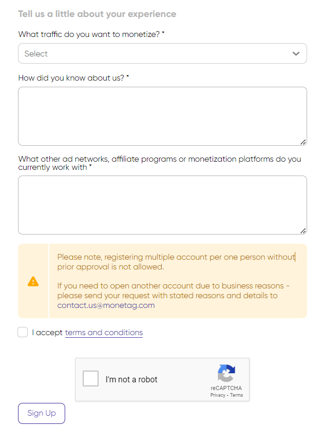 Monetag signup details
