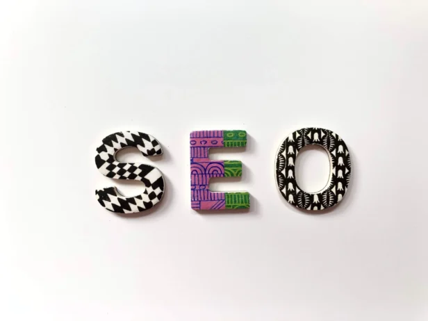 Letters “SEO” with colorful patterns