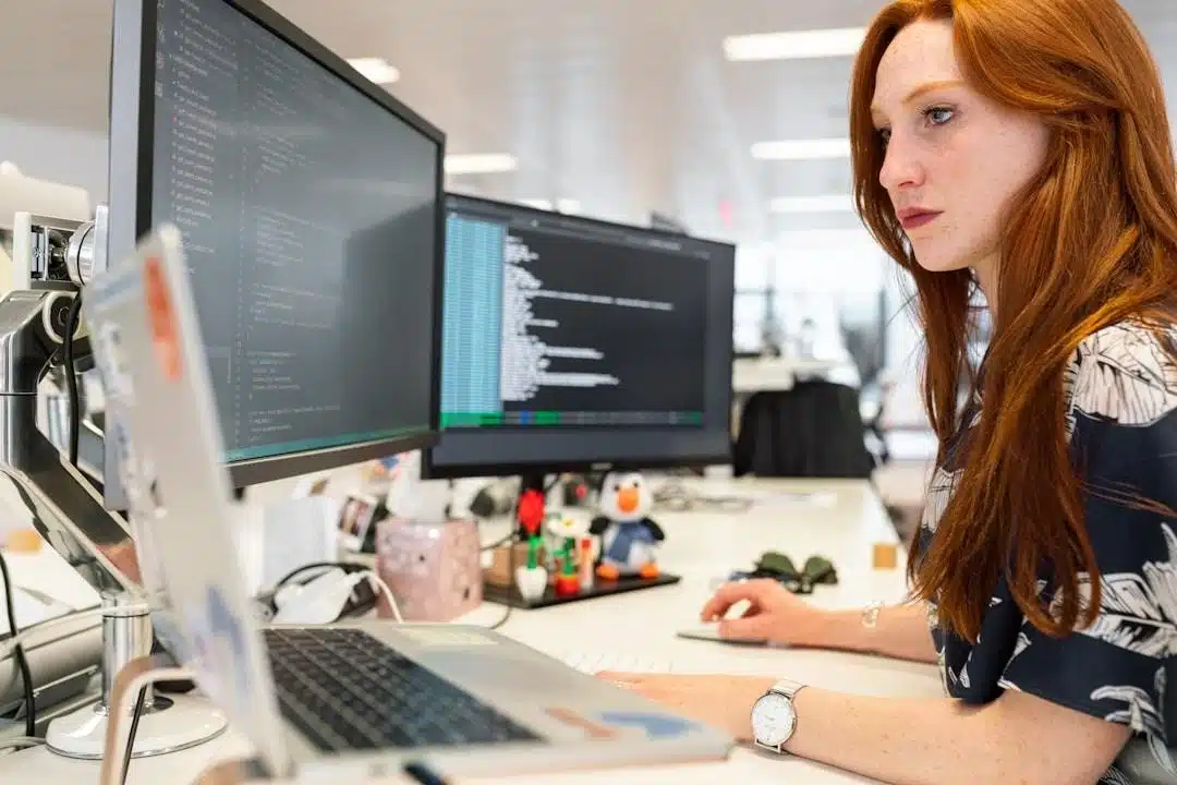 A woman researching RFP automation on her computer