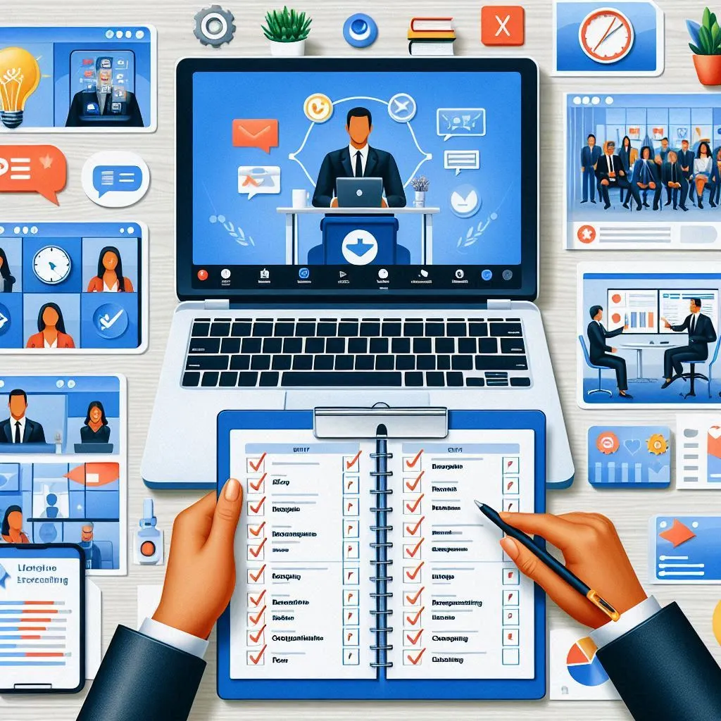 A virtual event planner organizing an online conference, with a laptop showing a Zoom meeting and event schedules.