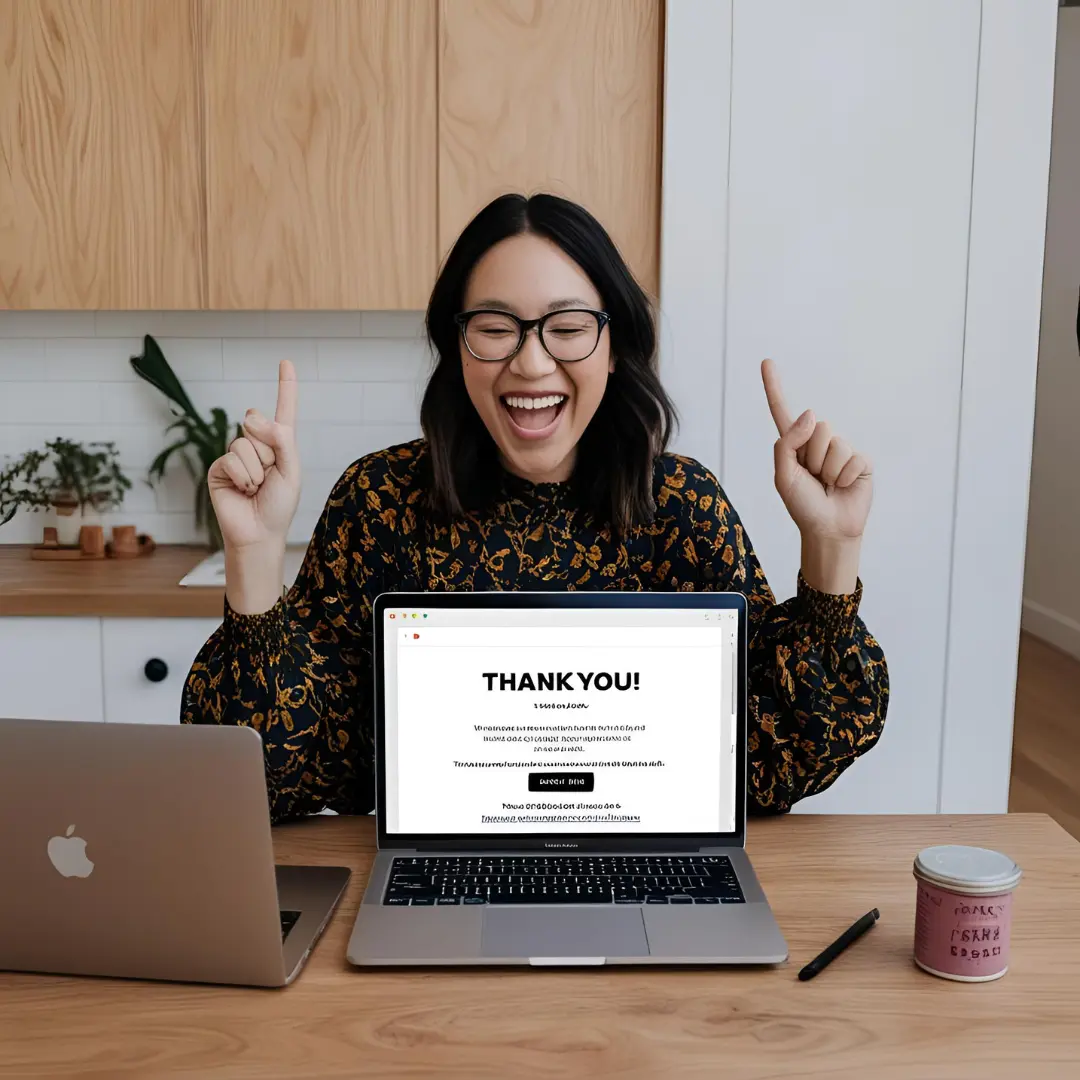 Blogger celebrating a successful collaboration, with a laptop showing a thank-you email