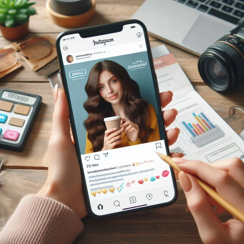Blogger promoting a sponsored post on Instagram, with a smartphone showing engagement metrics