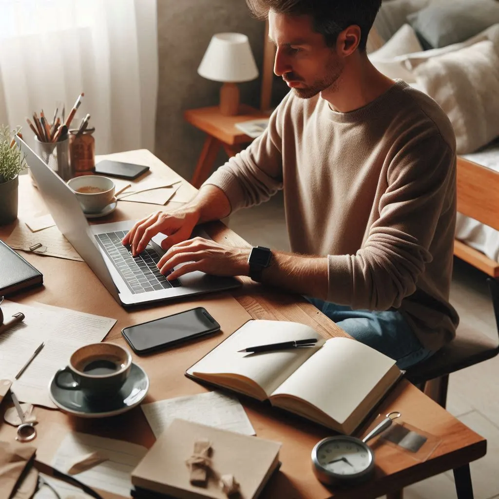 Blogger working on a laptop in a home office, with a notebook and coffee nearby