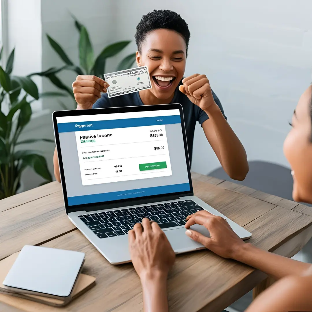 Person celebrating passive income earnings, with a laptop showing a PayPal payment confirmation.