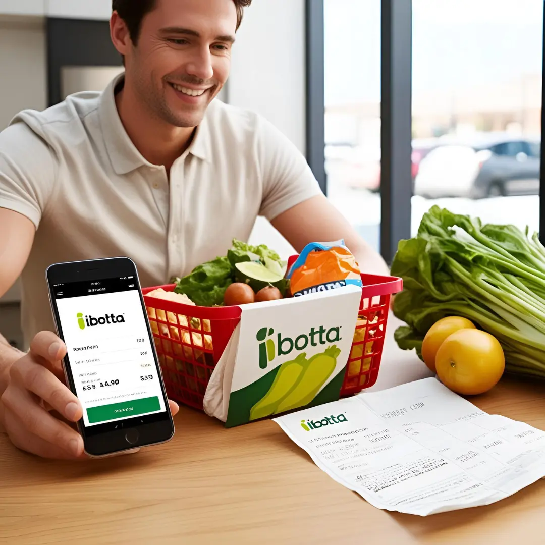Person shopping online with the Ibotta app open on their smartphone, with a receipt and groceries.