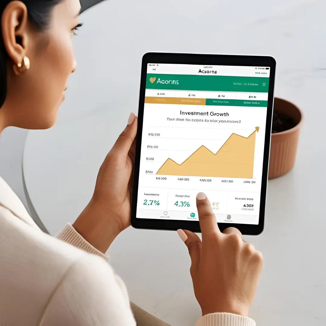 Person using the Acorns app on a tablet, with an investment growth graph visible.