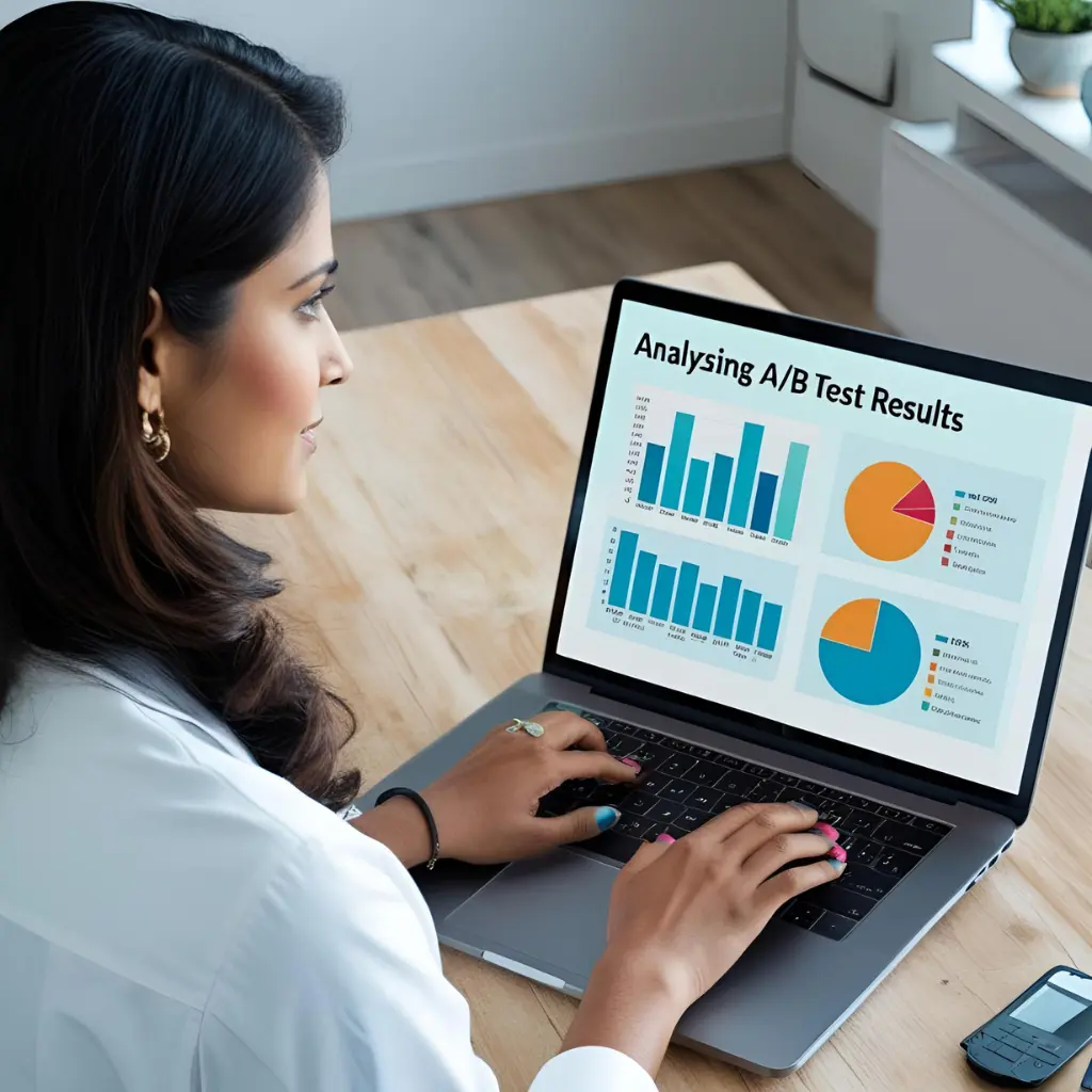 Affiliate marketer analyzing AB test results on a laptop