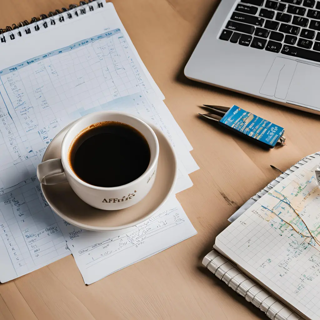 Desk with a printed affiliate program comparison chart, coffee cup, and notebook