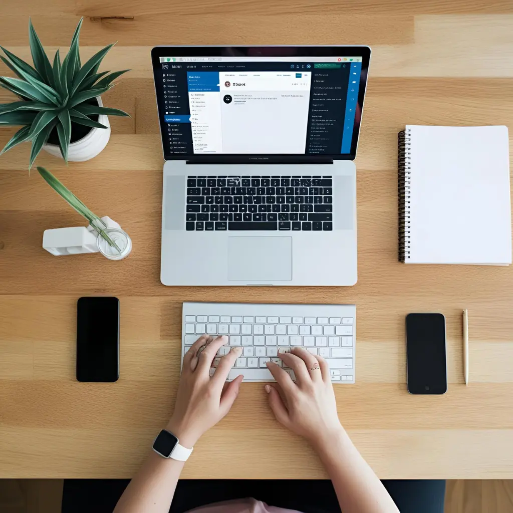 Blogging dashboard on a laptop with coffee and notebook