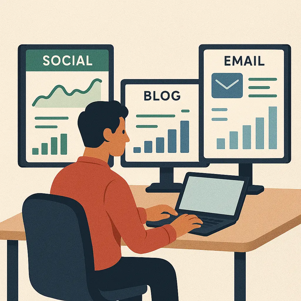 Digital marketer working on content strategy dashboards