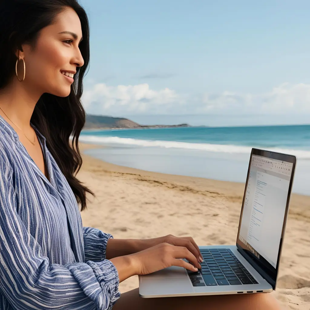 Female freelancer working on laptop by the beach