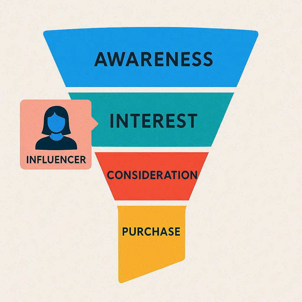 Influencer marketing funnel showing awareness to conversion stages