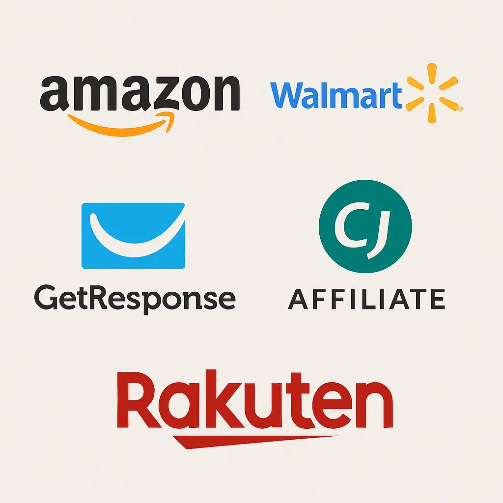 Logos of Amazon, Walmart, GetResponse, CJ Affiliate, and Rakuten