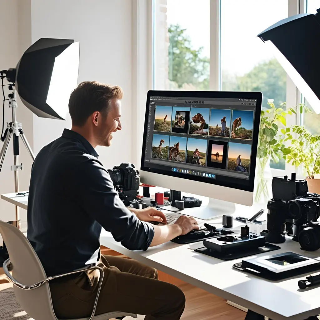 Photographer preparing images for stock photo submission