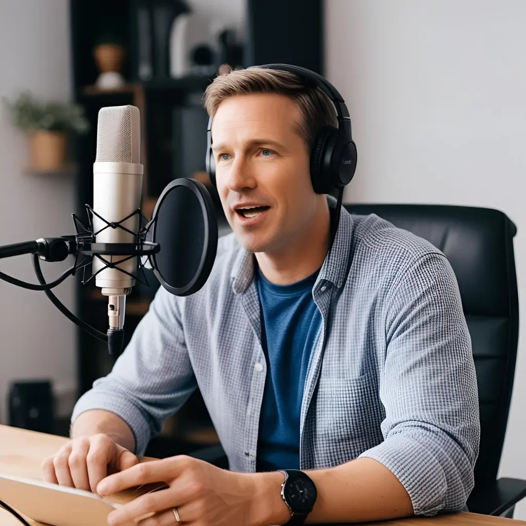 Podcaster recording an episode in a home studio