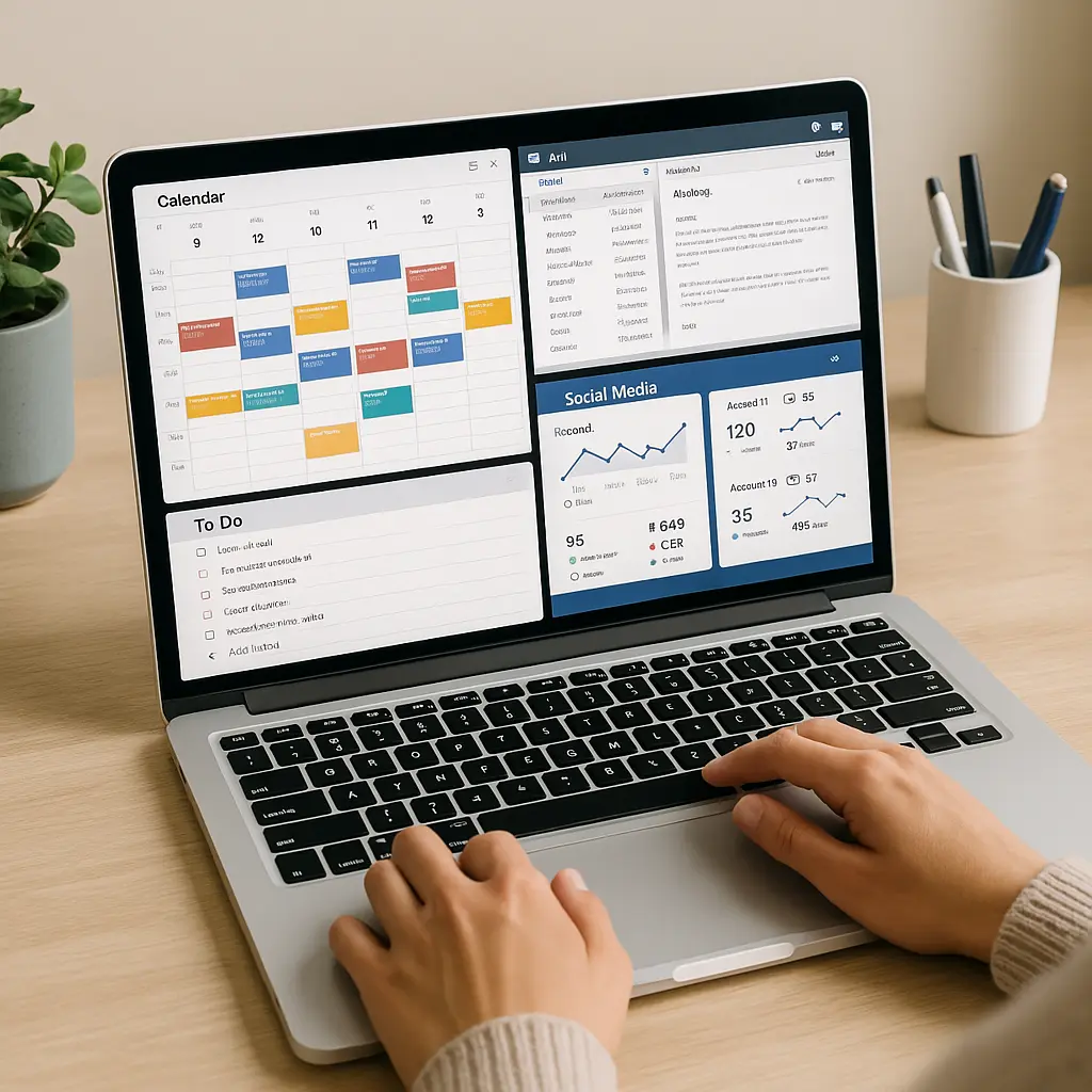 Virtual assistant managing tasks on a laptop