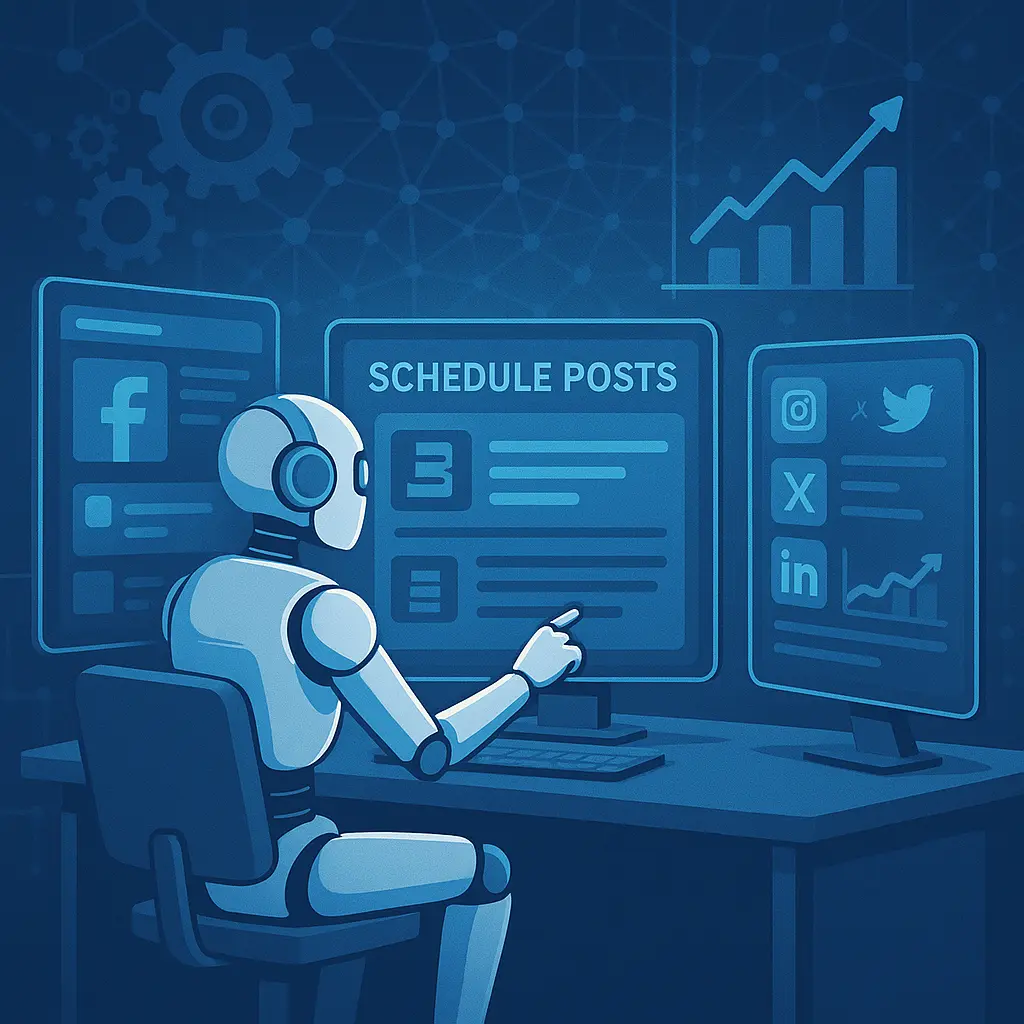 AI assistant managing and scheduling posts across multiple social media platforms with content performance charts in the background