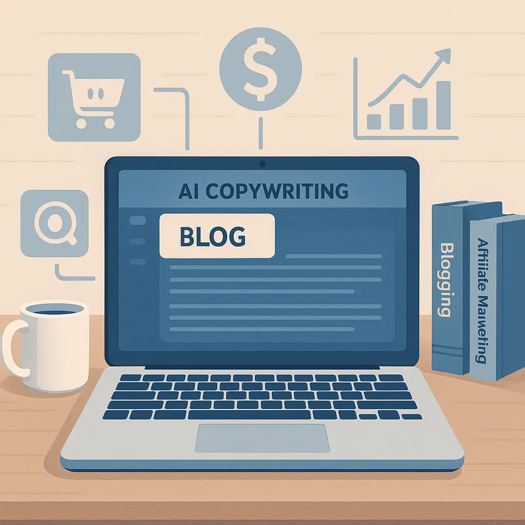 AI copywriting software on a laptop generating blog content, surrounded by icons of affiliate marketing tools and SEO graphs