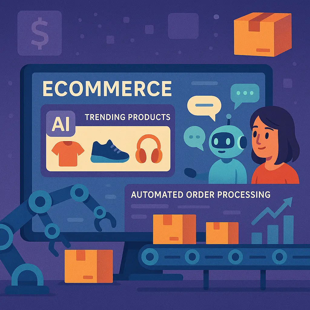 AI-driven eCommerce dashboard analyzing product trends, order automation, and customer chatbots for a dropshipping business