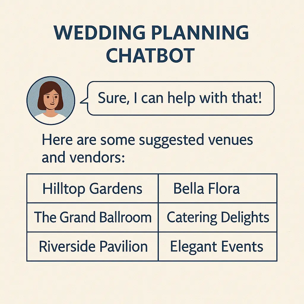 AI event planner assistant suggesting local wedding vendors