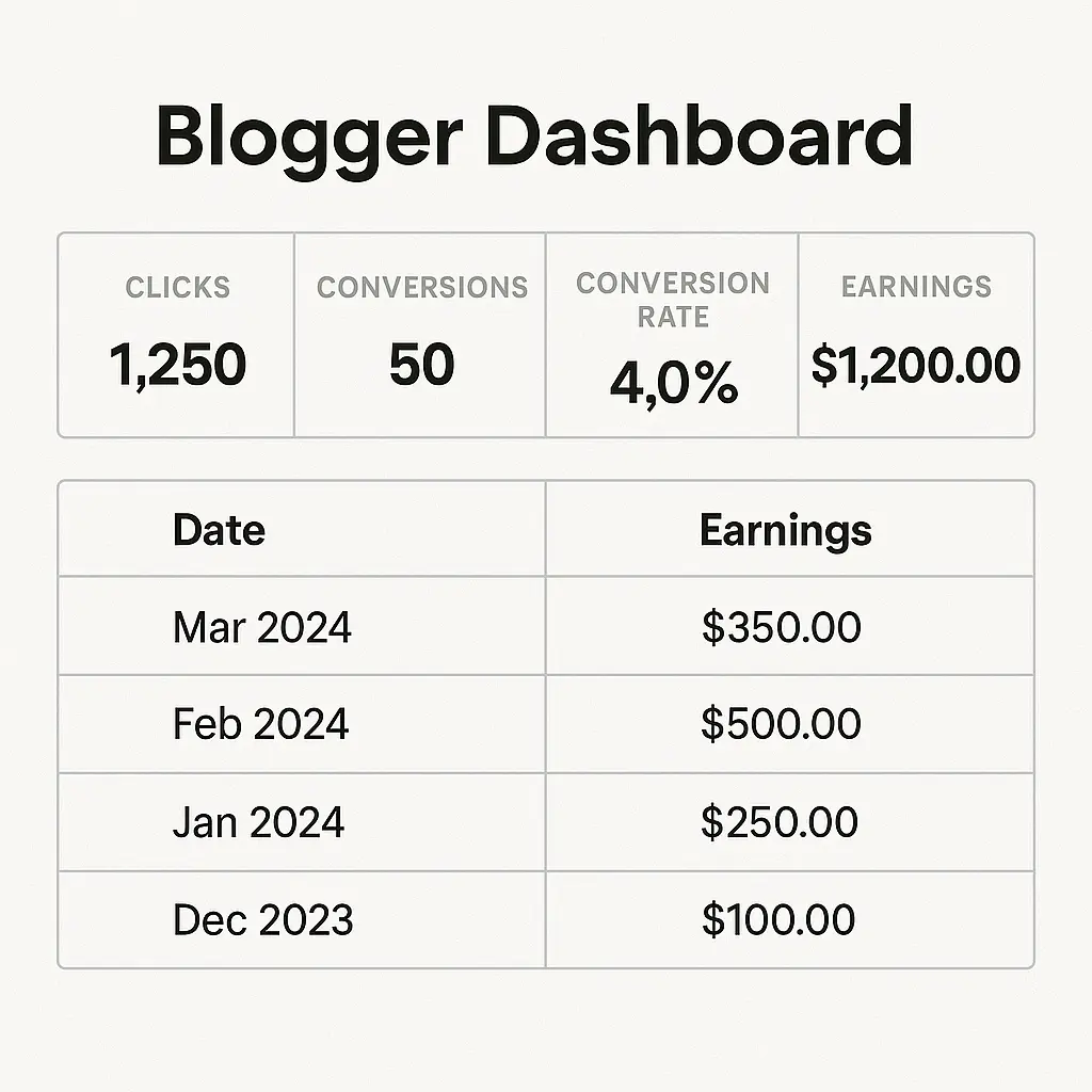 Affiliate dashboard earnings example for housewife blogger