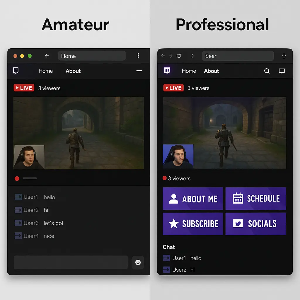 Comparison of poor vs. effective Twitch channel branding