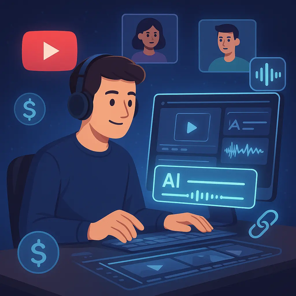 Content creator using AI video generation software with floating YouTube icons, voiceovers, and monetization graphics