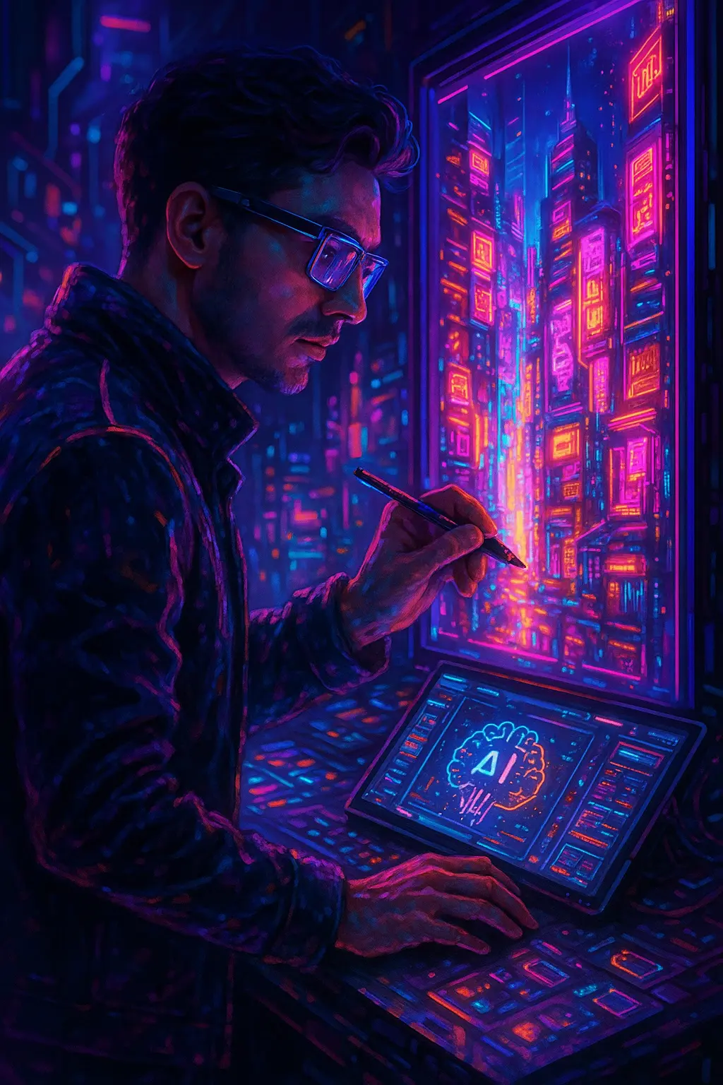 Digital artist creating AI-generated cyberpunk art on a computer