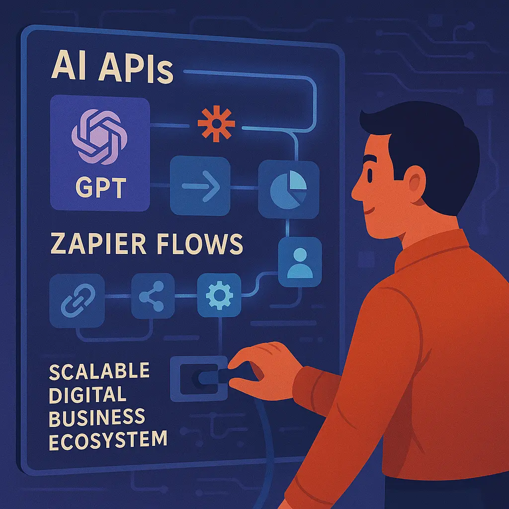 Entrepreneur integrating various AI APIs and automation tools into a digital business system for scalable online operations
