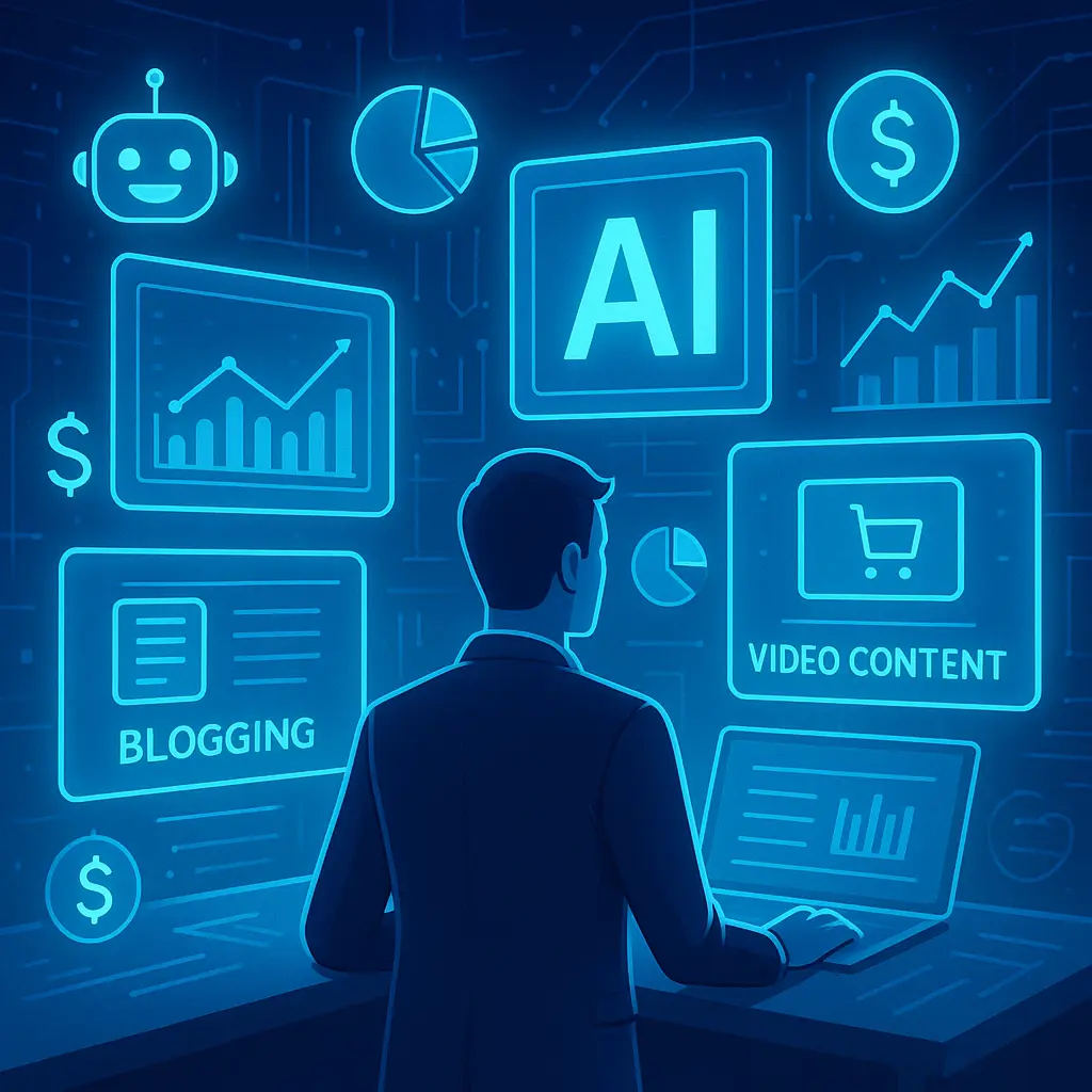 Futuristic workspace with holographic AI tools managing multiple income streams including blogging, eCommerce, and video content