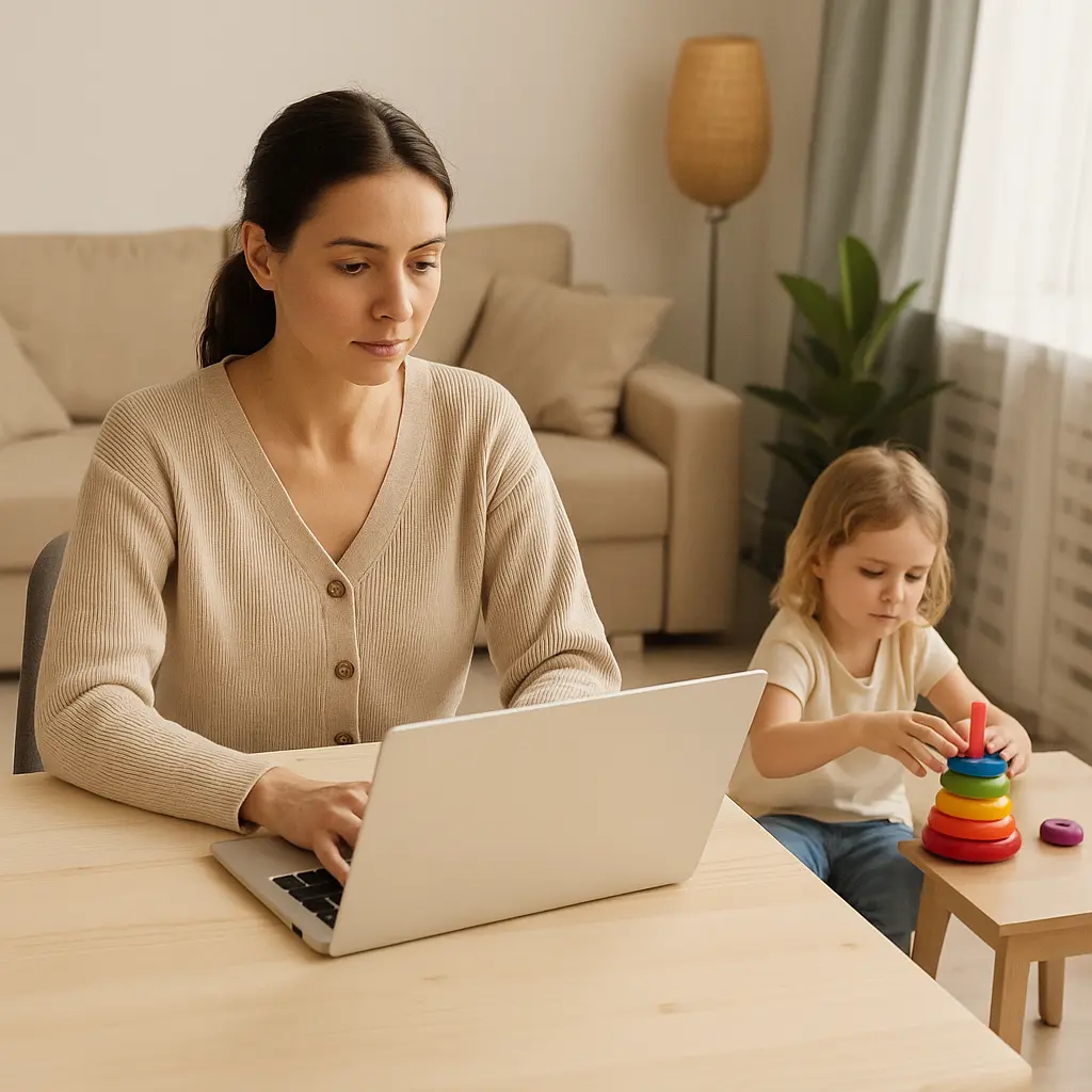Housewife working online from home with child in background