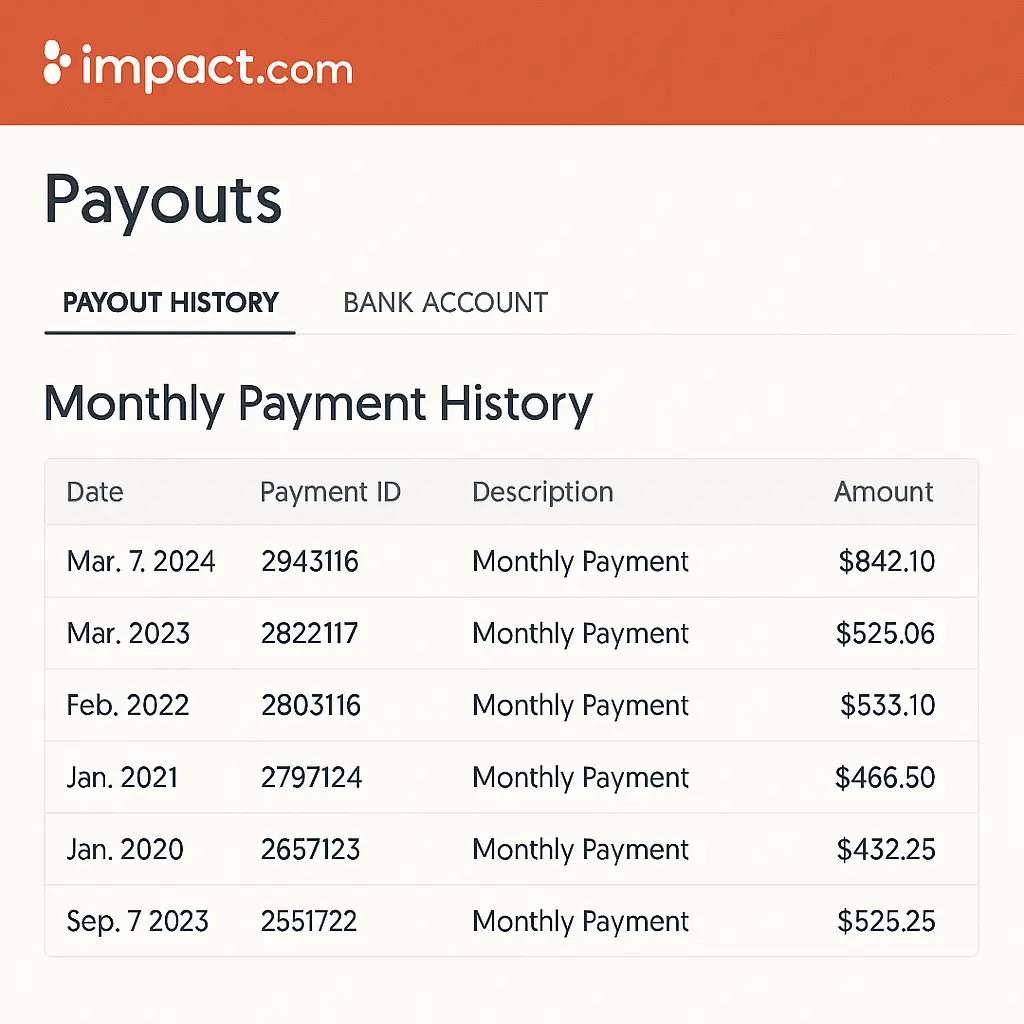 Impact.com dashboard displaying payout schedule and earnings