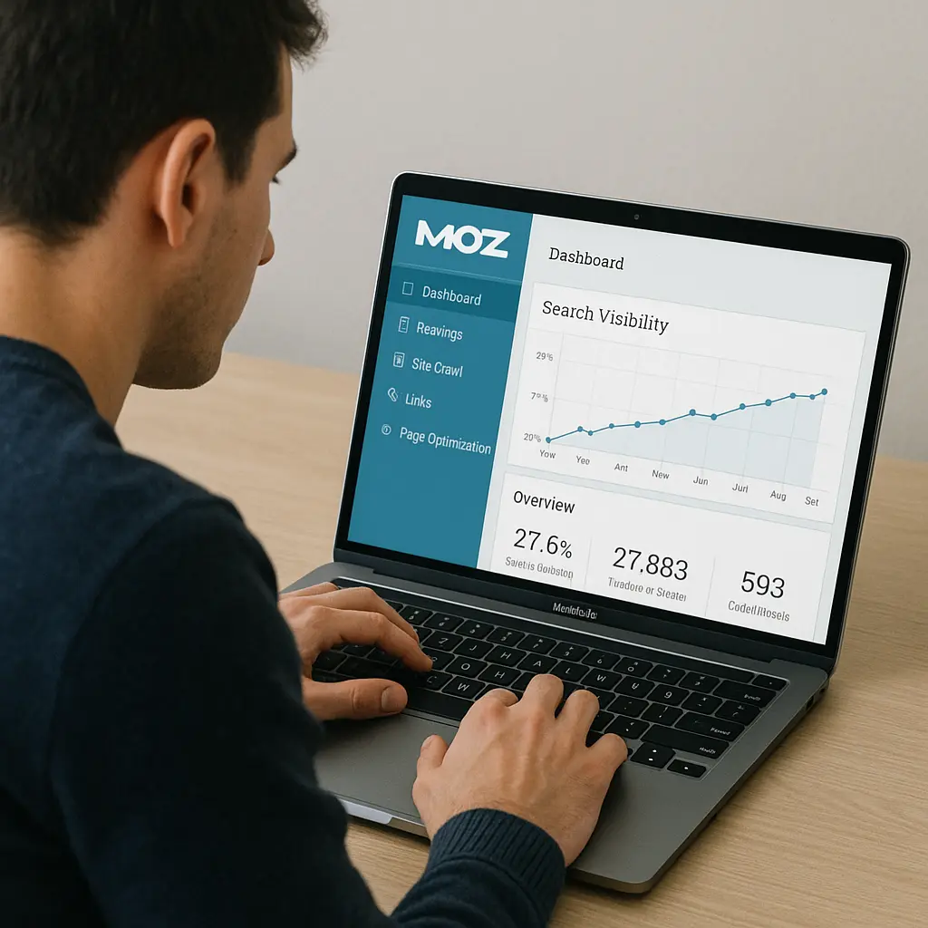 SEO marketer using Moz tools for analytics and keyword research