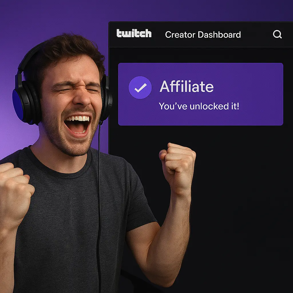 Streamer celebrates as Twitch Affiliate achievement notification pops up on screen