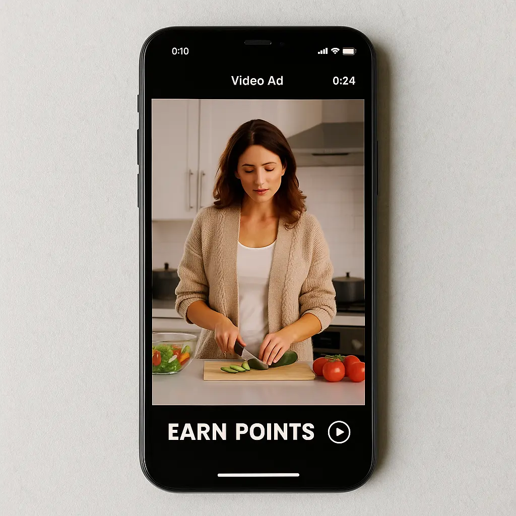 User watching video ad on phone for rewards