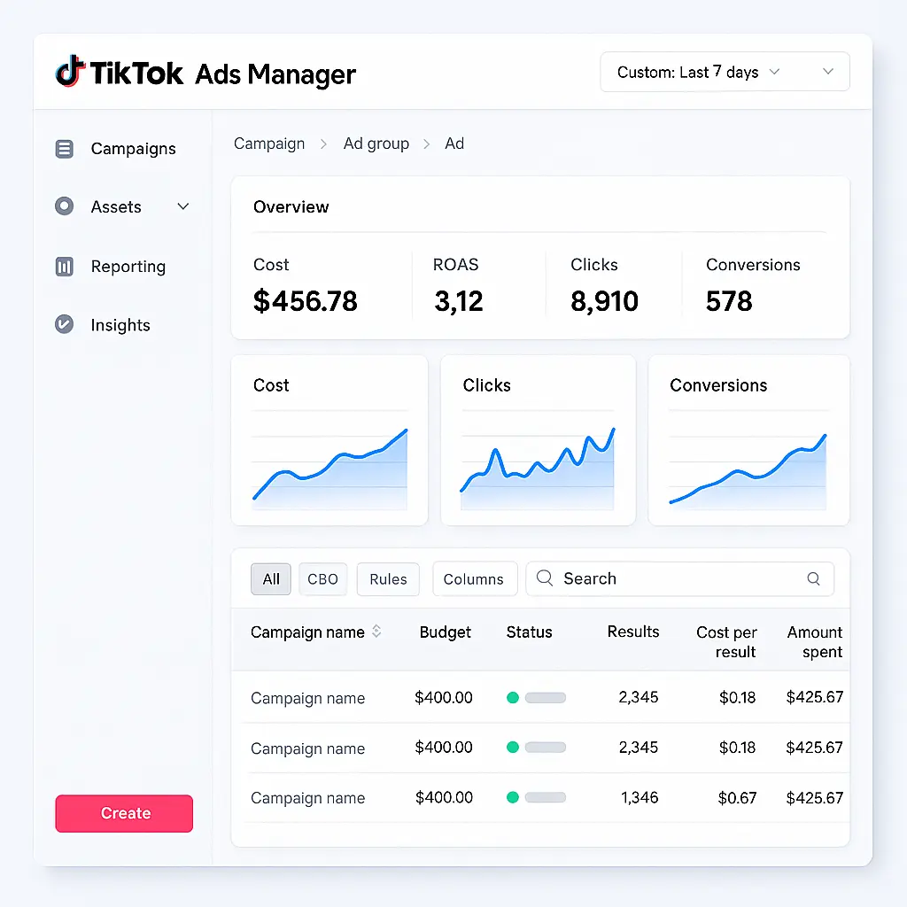 A screenshot of TikTok Ads Manager showing campaign performance
