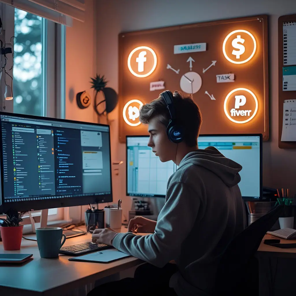 Freelancer working from home with freelance platforms like Upwork and Fiverr in the background