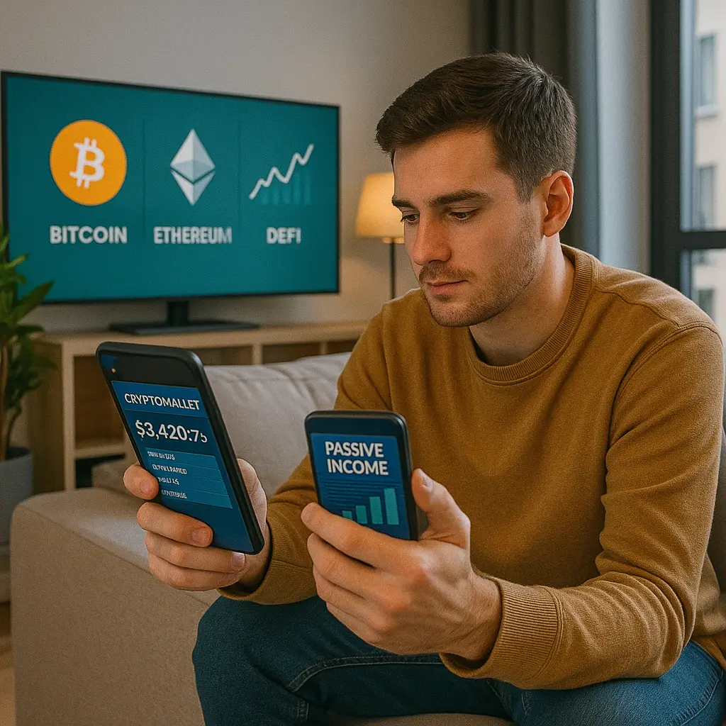 Person checking crypto portfolio and passive earnings through finance apps