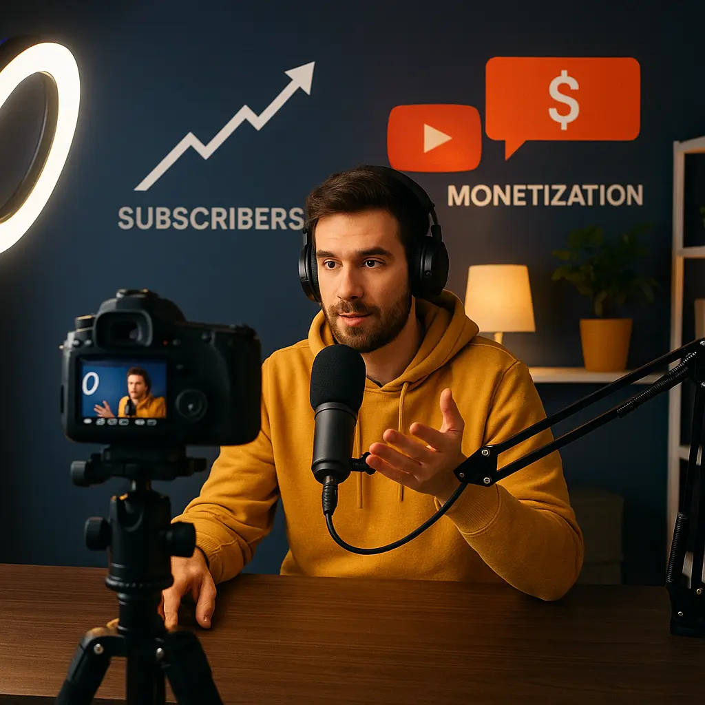 YouTuber filming content with monetization dashboard and subscriber growth visualized