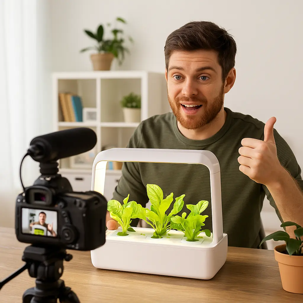 Content creator promoting indoor gardening affiliate products