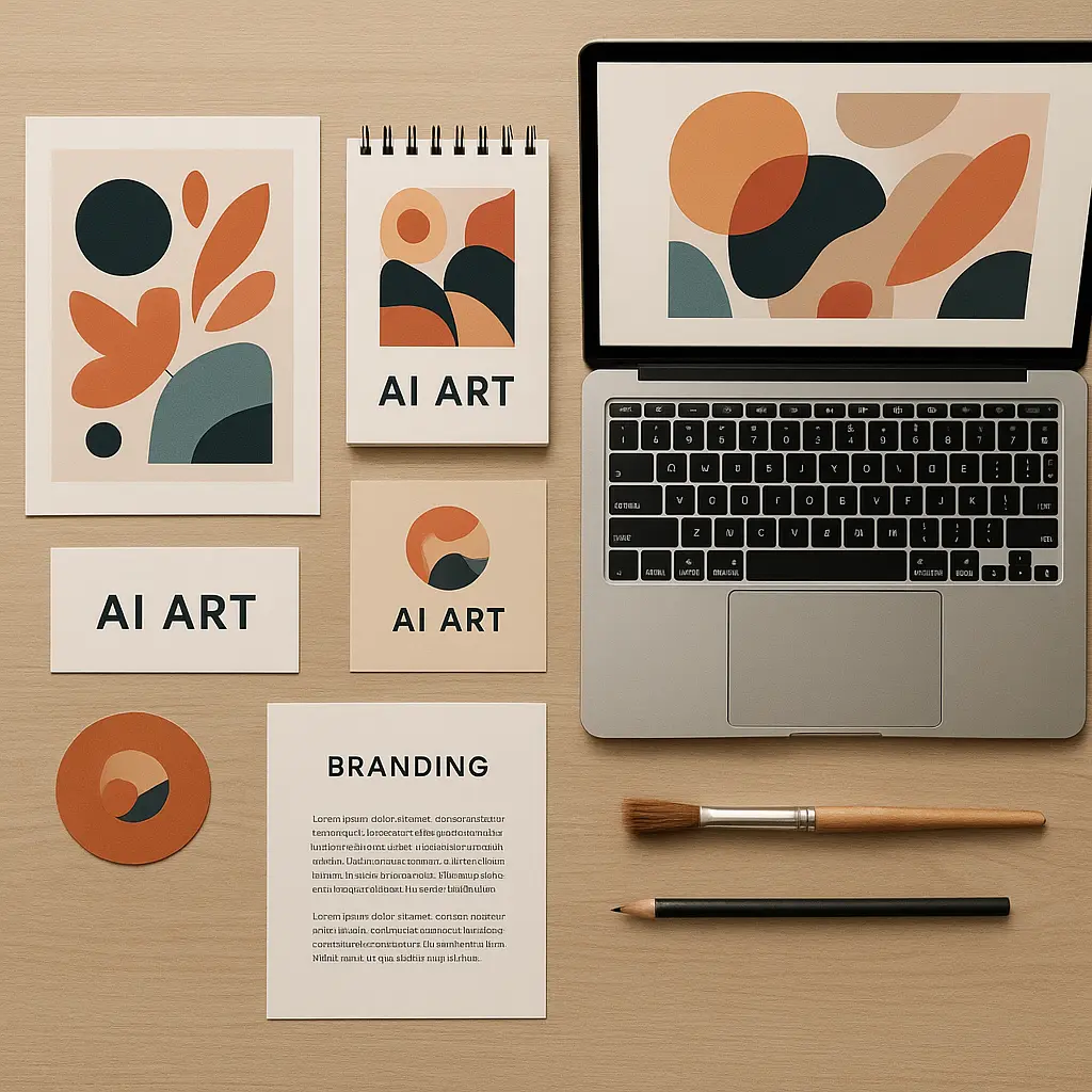 AI artist branding workspace with Midjourney prints