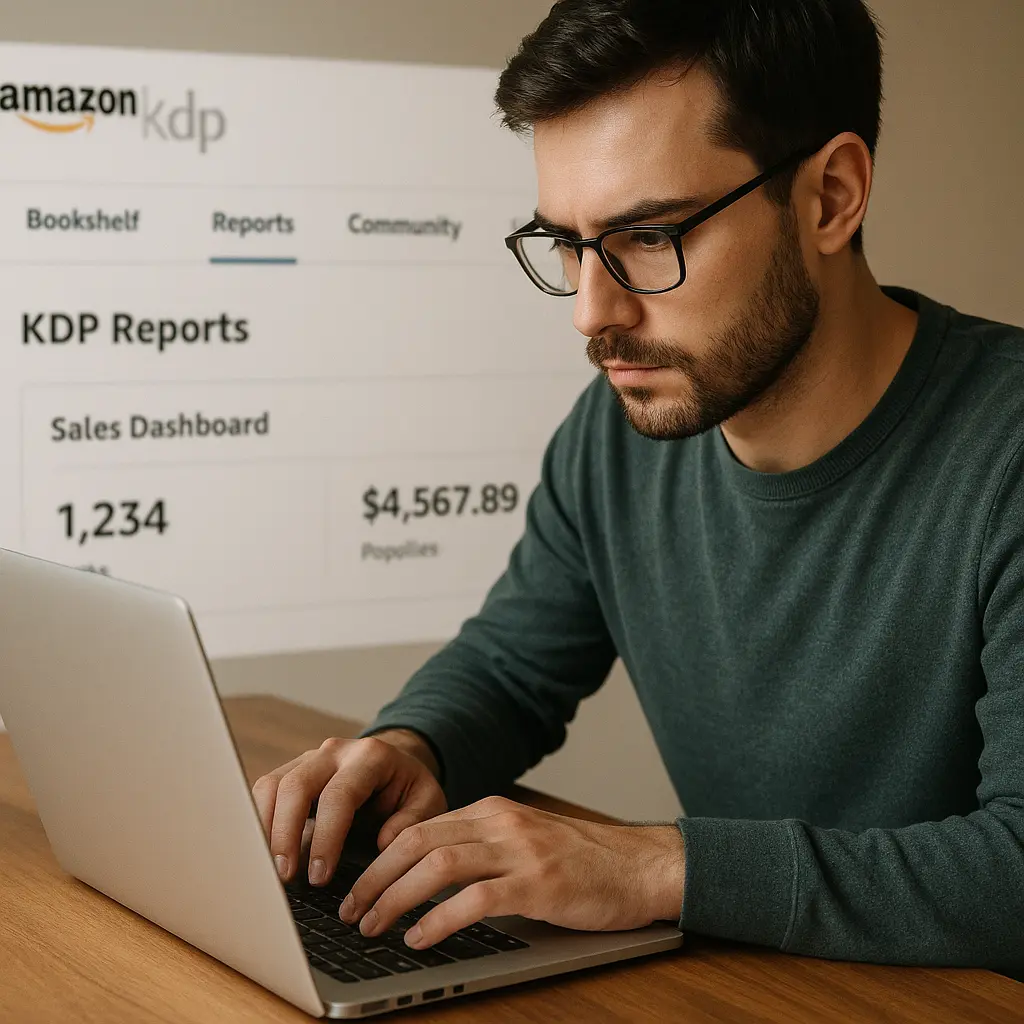 Author working on laptop, drafting eBook, Amazon KDP dashboard in soft focus