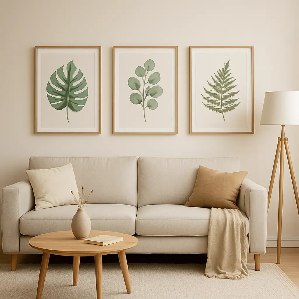 Botanical AI art displayed in a modern living room