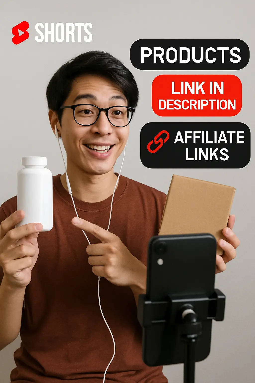 Content creator linking products in YouTube Shorts description for affiliate revenue