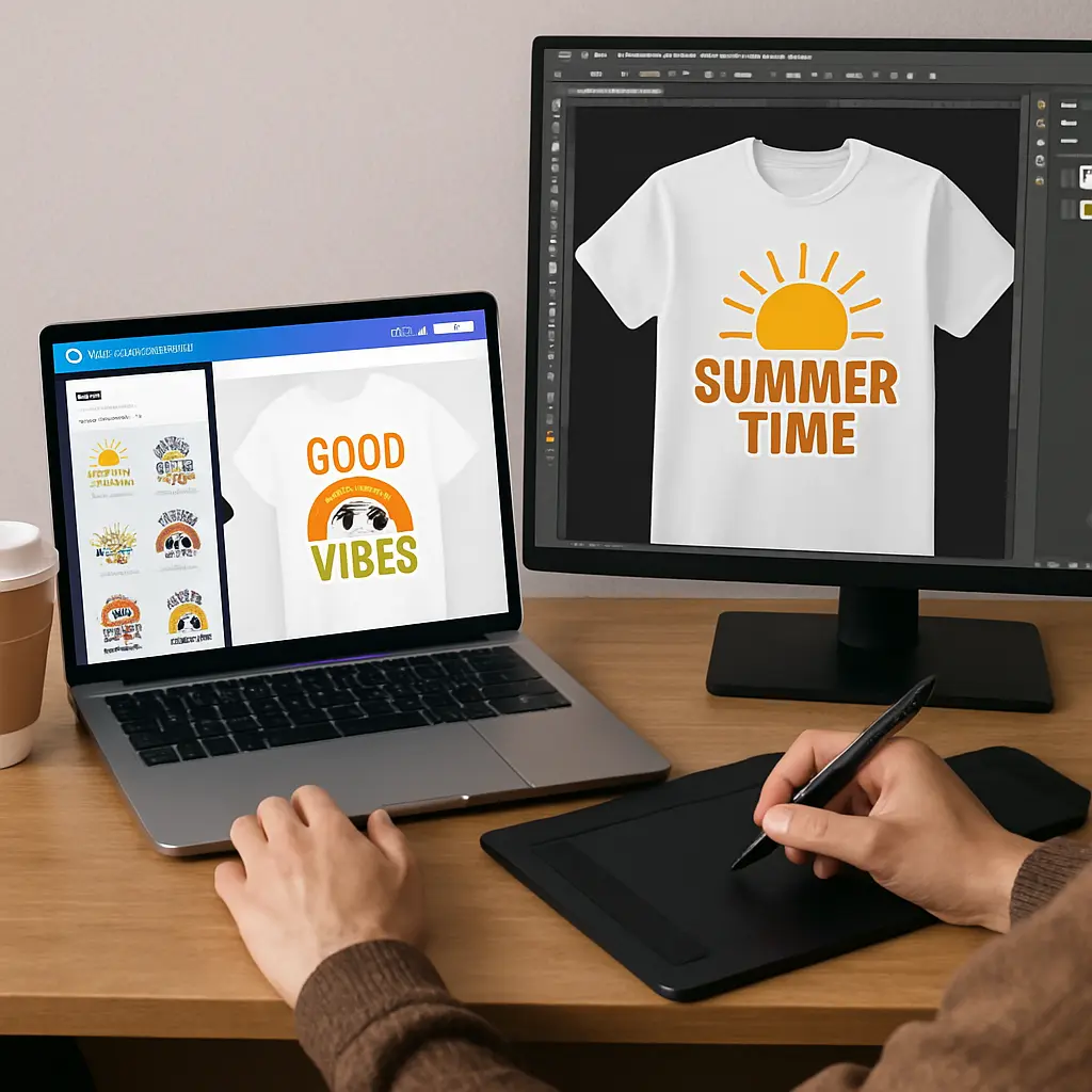Designer creating print on demand product designs on a laptop